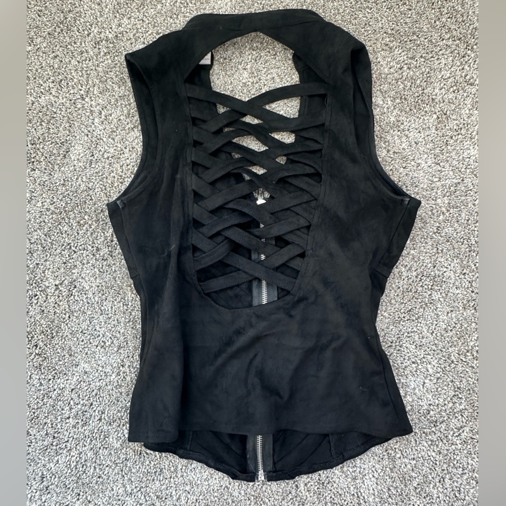 LYDIA USA suede - like zip up top with strappy back - Picture 2 of 7